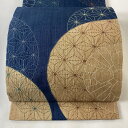 袋帯 美品 逸品 紬地 麻の葉 刺し子 紺色 お太鼓柄 正絹 【中古】