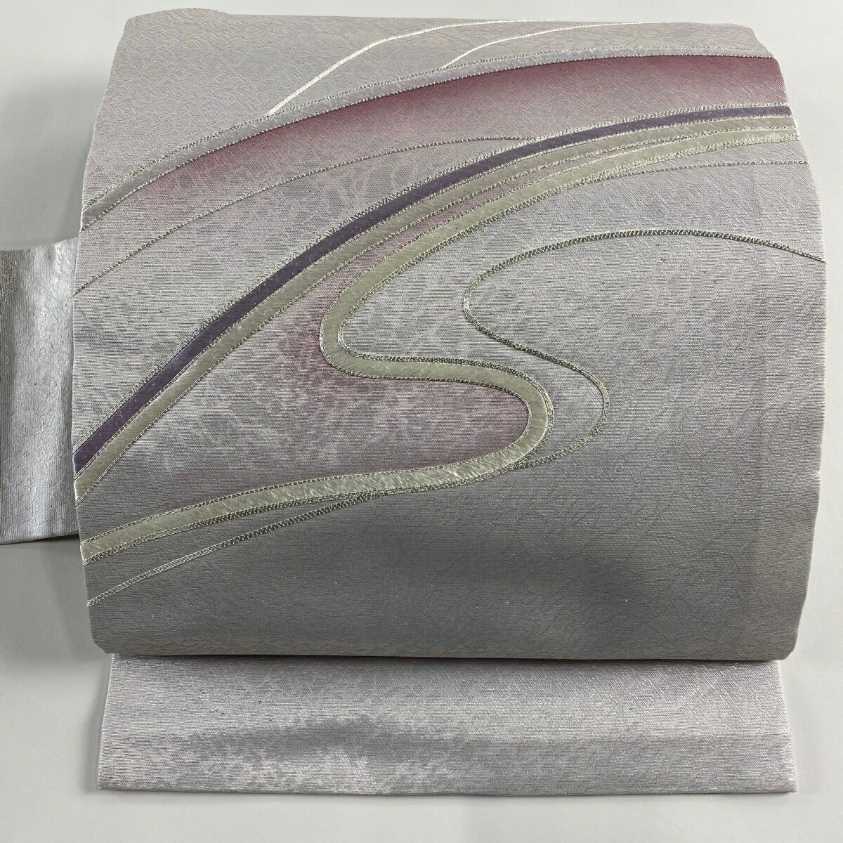 名古屋帯 優品 流水 地紋 銀糸 箔 銀色 正絹 【中古】