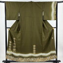 付下げ 身丈157cm 裄丈64cm M 袷 落款あり 花 幾何学 金彩 染め分け 茶緑色 正絹 秀品 【中古】