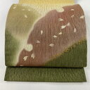 袋帯 美品 名品 雪輪 花びら 金彩 金糸 鶯色 お太鼓柄 正絹 【中古】