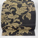 開き名古屋帯 逸品 紬地 葡萄唐草 箔 焦茶色 正絹 【中古】