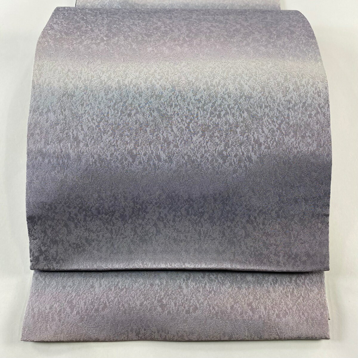 袋帯 美品 秀品 落款あり 霞 銀通し 灰紫 お太鼓柄 正絹 【中古】