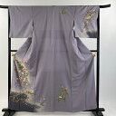 付下げ 身丈160cm 裄丈66.5cm M 袷 枝花 鳥 金彩 ぼかし 紫 正絹 秀品 【中古】