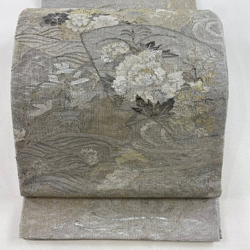 袋帯 秀品 扇面 草花 箔 金銀糸 灰色 お太鼓柄 正絹 【中古】 袋帯 秀品 扇面 草花 箔 金銀糸 灰色 お太鼓柄 正絹 【中古】