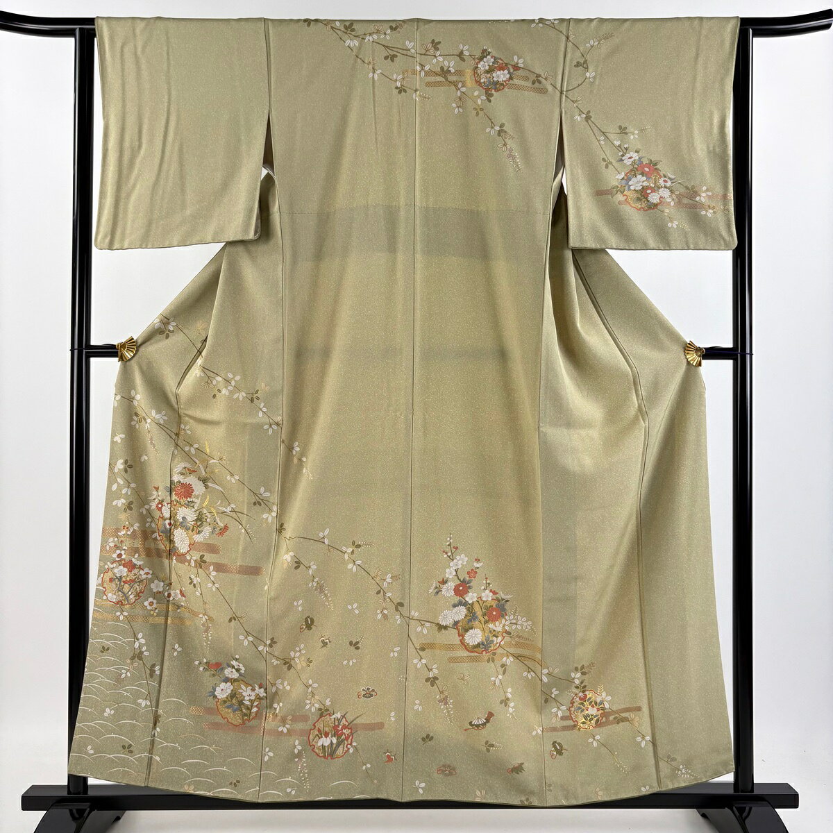 訪問着 身丈158cm 裄丈63cm S 袷 雪輪 草花 金彩 抹茶色 正絹 秀品 【中古】