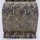 袋帯 美品 名品 葡萄唐草 段縞 金糸 灰色 六通 正絹 【中古】