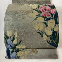 袋帯 美品 秀品 チューリップ 蝶 箔 銀色 お太鼓柄 正絹 【中古】