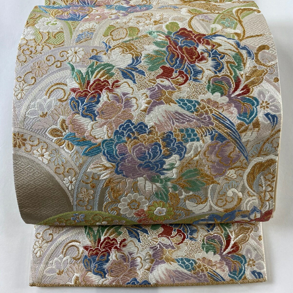 袋帯 秀品 花鳥 青海波 金糸 銀色 六通 正絹 【中古】