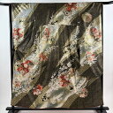 振袖 身丈157cm 裄丈63.5cm S 袷 草花 鶴 金彩 金糸 黒 正絹 秀品 【中古】