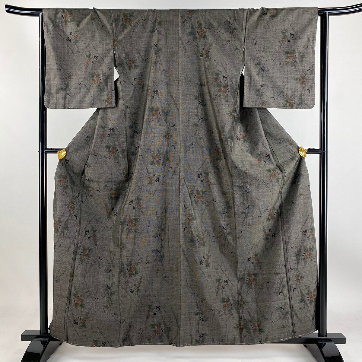 紬 身丈161cm 裄丈64cm M 袷 蔦 草花 焦茶色 正絹 名品 【中古】(4)