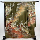 振袖 身丈167cm 裄丈66.5cm M 袷 菊 蝶 金彩 ぼかし 茶緑色 正絹 秀品 【中古】