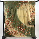 振袖 身丈158cm 裄丈64cm M 袷 鳥 桜 金彩 ぼかし 茶緑色 正絹 秀品 【中古】