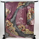 振袖 身丈168cm 裄丈66.5cm M 袷 蝶 牡丹 絞り 刺繍 灰紫 正絹 秀品 【中古】