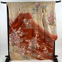振袖 身丈169cm 裄丈68cm L 袷 花ぐるま 流水 金彩 ぼかし 赤茶 正絹 秀品 【中古】