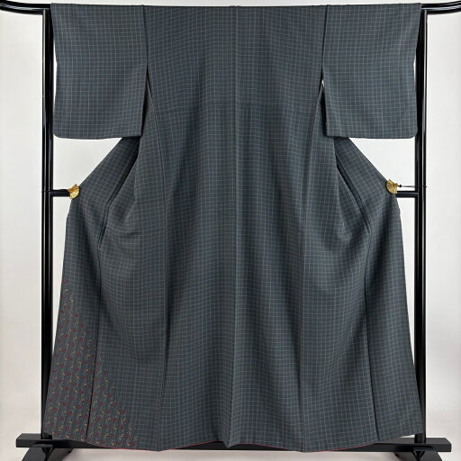 付下げ 身丈158cm 裄丈63.5cm S 袷 草花 格子 灰緑 正絹 美品 秀品 【中古】 付下げ 身丈158cm 裄丈63.5cm S 袷 草花 格子 灰緑 正絹 美品 秀品 【中古】