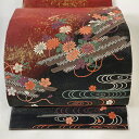袋帯 美品 秀品 花筏 観世水 金糸 刺繍 墨色 お太鼓柄 正絹 【中古】