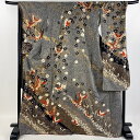 振袖 身丈170cm 裄丈68.5cm L 袷 蝶 枝垂れ桜 金糸 金彩 黒 正絹 秀品 【中古】