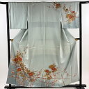訪問着 身丈157cm 裄丈63cm S 袷 牡丹 草花 金銀彩 ぼかし 青灰色 正絹 秀品 【中古】