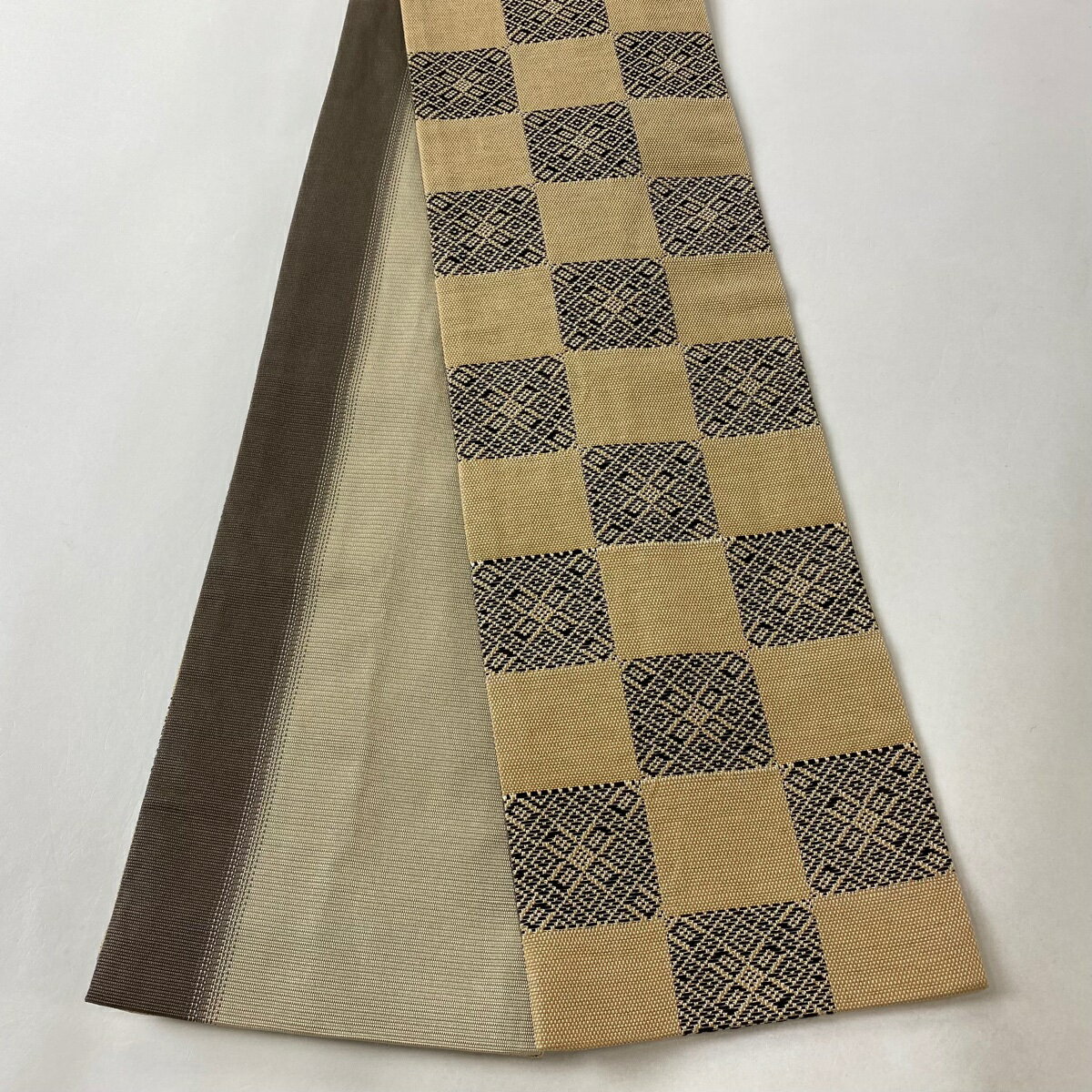 半幅帯 美品 名品 市松 幾何学 茶色 正絹 【中古】