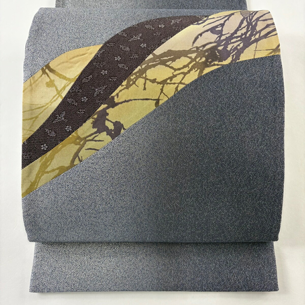 袋名古屋帯 美品 秀品 切り嵌め 枝葉 松竹梅 箔 灰色 正絹 【中古】
