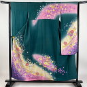 振袖 身丈155.5cm 裄丈64cm M 袷 やまと 手鞠 桜 金彩 ぼかし 深緑 正絹 秀品 【中古】