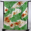 振袖 身丈158.5cm 裄丈64.5cm M 袷 花筏 菊 刺繍 絞り 黄緑色 正絹 秀品 【中古】
