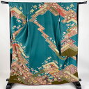 振袖 身丈164cm 裄丈66.5cm M 袷 菊 松皮菱 金彩 絞り 青緑 正絹 秀品 【中古】