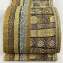 袋帯 美品 名品 京の名工 華文 段縞 金銀糸 薄茶色 六通 正絹 【中古】
