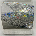 袋帯 名品 箔散らし 花唐草 箔 金銀彩 銀色 お太鼓柄 正絹 【中古】