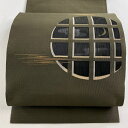 名古屋帯 美品 名品 八寸名古屋帯 松葉仕立て トンネル仕立て 丸窓 三日月 金糸 茶緑色 正絹 【中古】