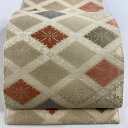 開き名古屋帯 美品 名品 菱 草花 箔 ベージュ 正絹 【中古】