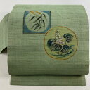名古屋帯 名品 紬地 草花 流水 灰緑 正絹 【中古】