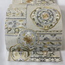 袋帯 逸品 華文 向かい鳥 金糸 刺繍 クリーム 六通 正絹 【中古】