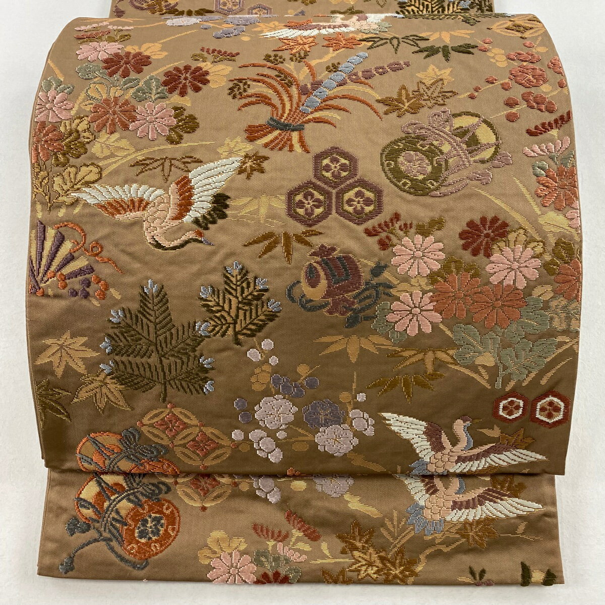 袋帯 美品 秀品 草木染 松竹梅 鶴 唐織 箔 茶色 六通 正絹 【中古】