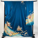振袖 身丈168cm 裄丈68cm L 袷 花ぐるま 有職文様 金彩 ぼかし 青緑 正絹 秀品 【中古】