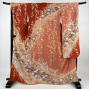 振袖 身丈162.5cm 裄丈68cm L 袷 鶴 椿 金彩 縮緬 朱色 正絹 秀品 【中古】