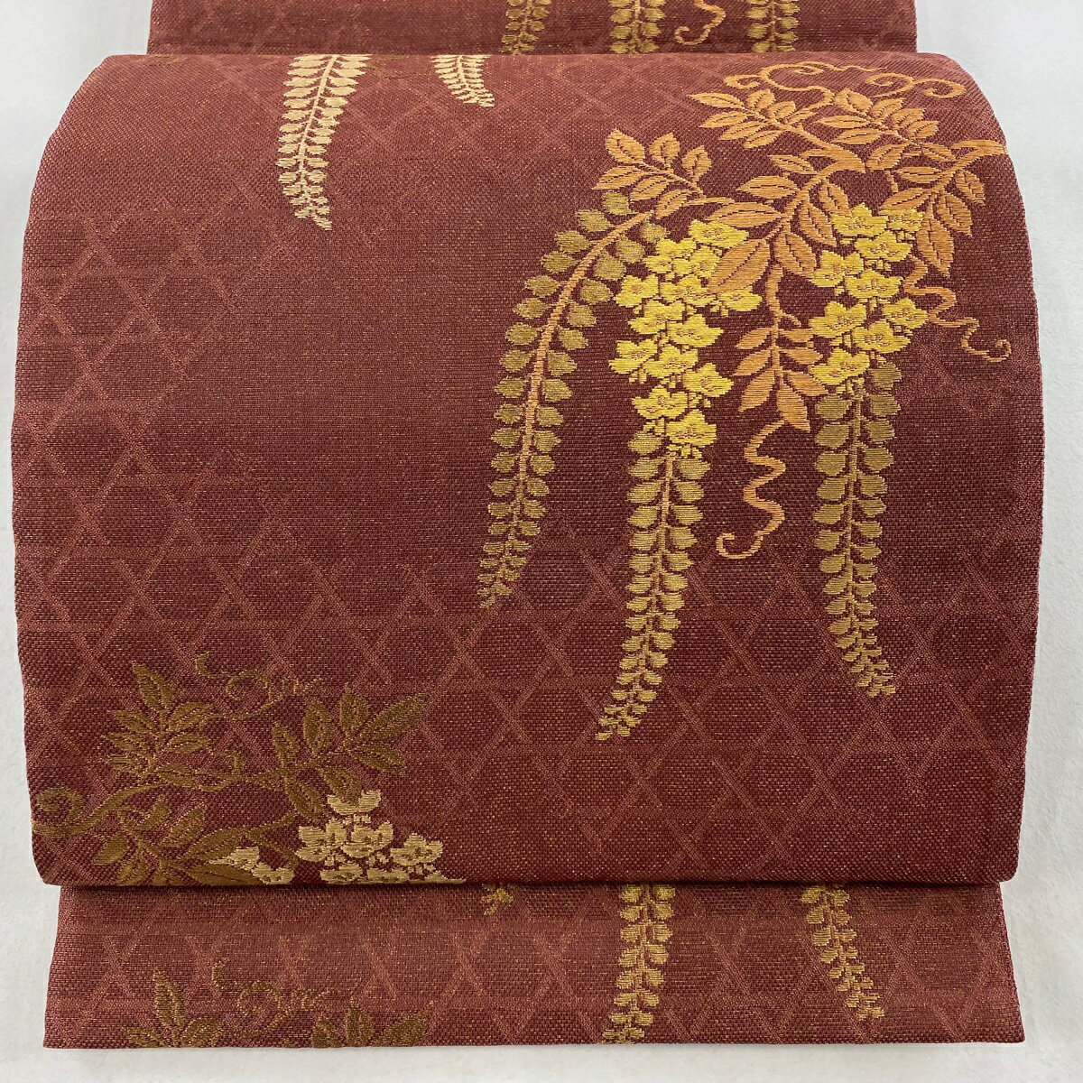 袋帯 美品 秀品 幽玄彩美 藤 籠目 金糸 えんじ色 六通 正絹 【中古】