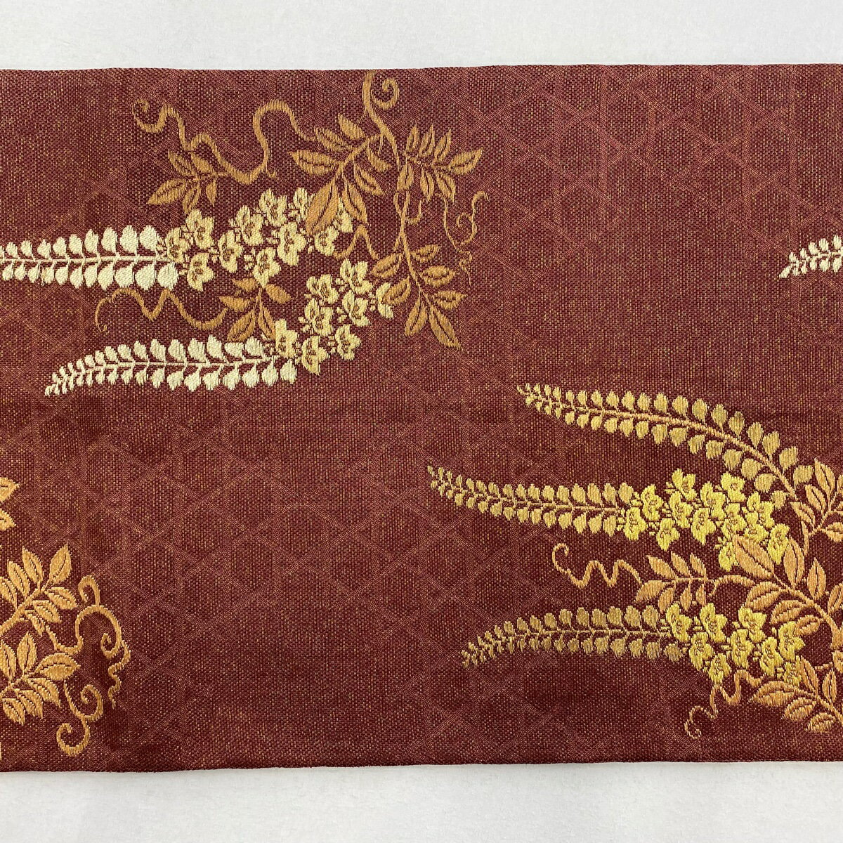 袋帯 美品 秀品 幽玄彩美 藤 籠目 金糸 えんじ色 六通 正絹 【中古】