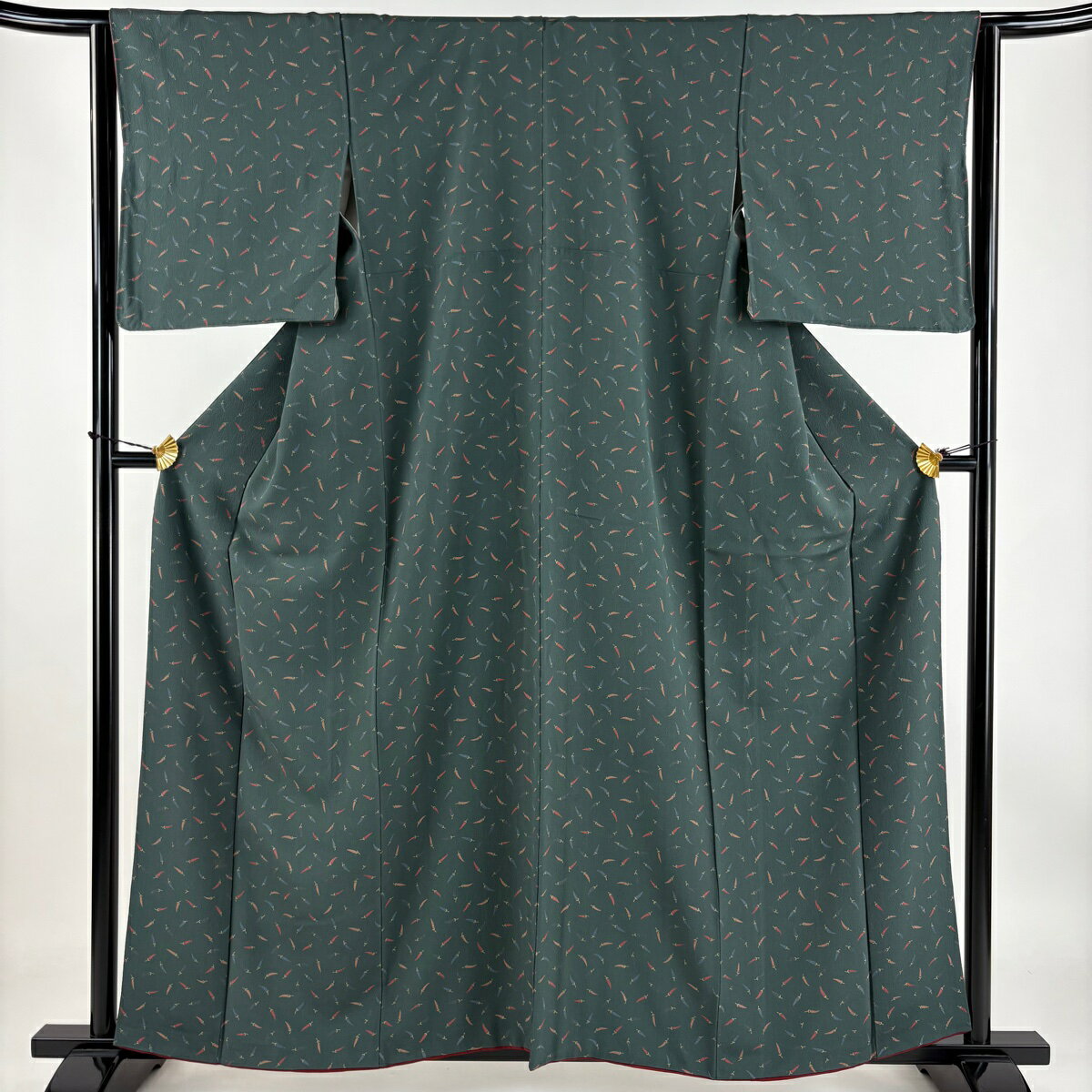 小紋 身丈160cm 裄丈64cm M 袷 唐辛子 深緑 正絹 秀品 【中古】