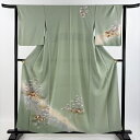 訪問着 身丈157cm 裄丈63.5cm S 袷 建物 草花 金彩 ぼかし 灰緑 正絹 秀品 【中古】