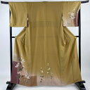 付下げ 身丈162.5cm 裄丈67.5cm L 袷 落款あり 草花 染め分け ぼかし 山吹茶色 正絹 秀品 【中古】