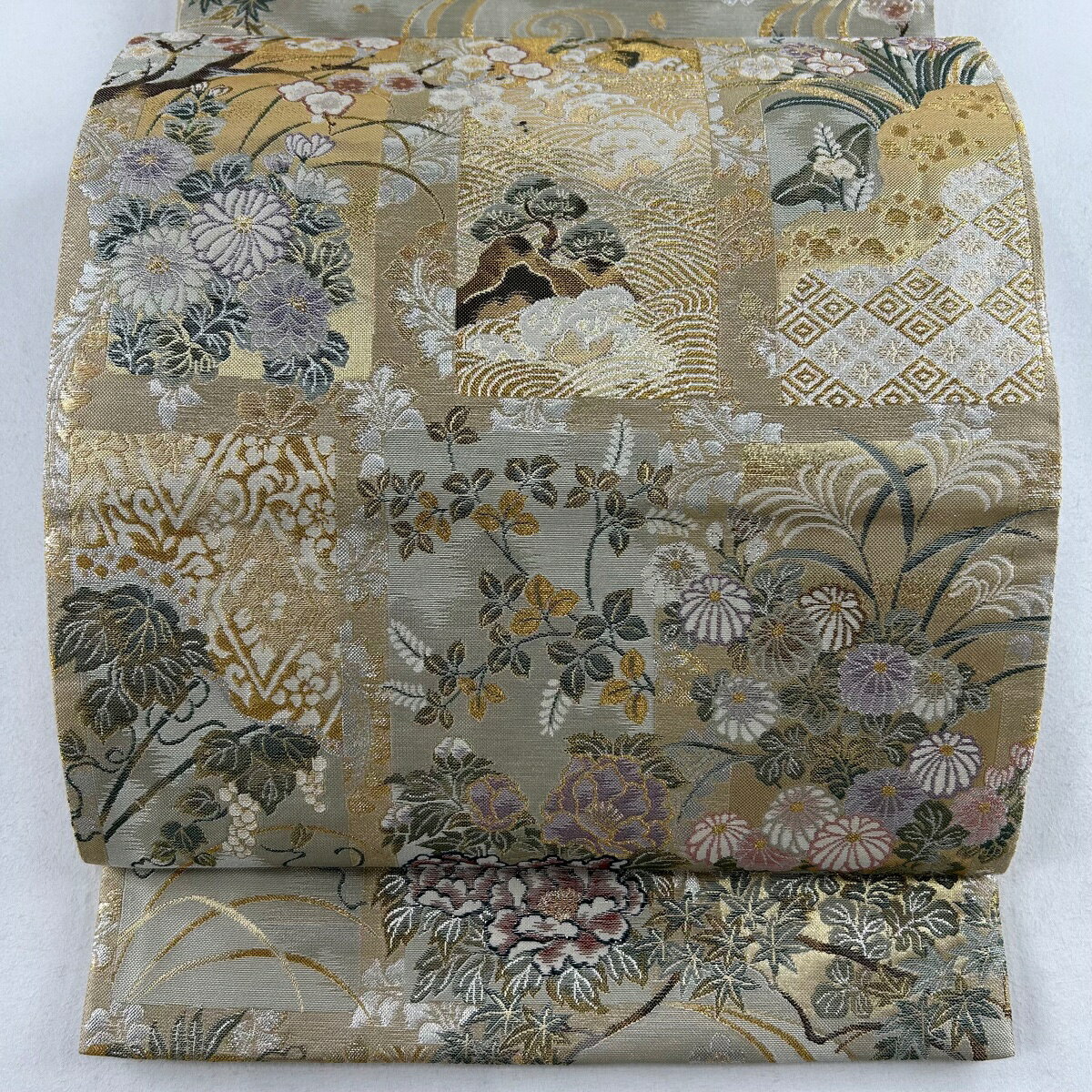 袋帯 美品 秀品 草花 流水 金糸 箔 金色 六通 正絹 【中古】