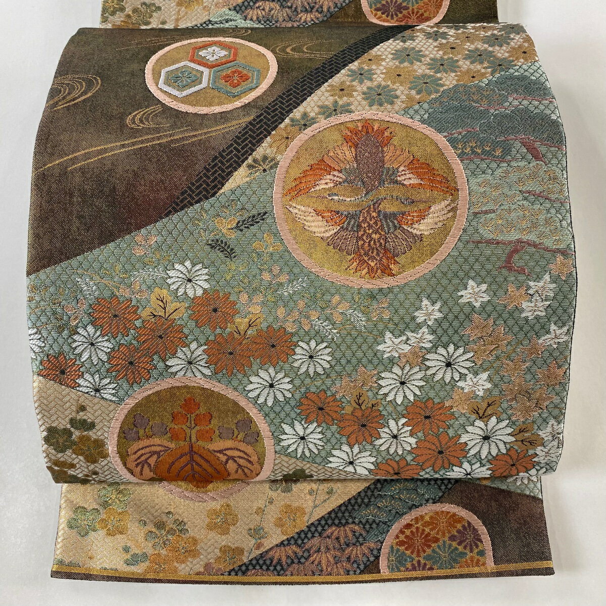 袋帯 秀品 桐竹鳳凰 松竹梅 箔 青灰色 六通 正絹 【中古】