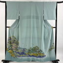 色留袖 身丈157cm 裄丈65.5cm M 袷 落款あり 風景 松 ぼかし 水色 正絹 秀品 一つ紋 【中古】