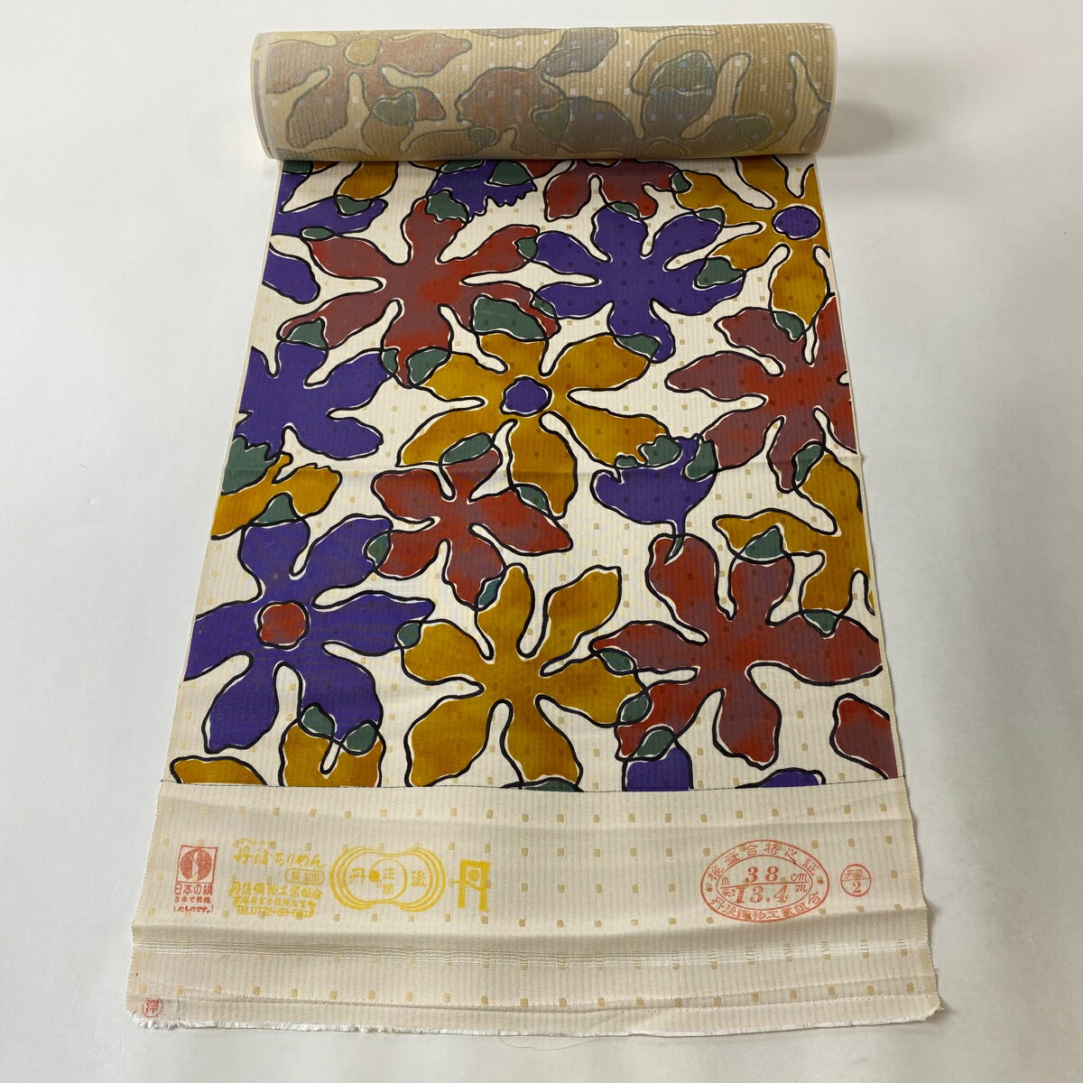 反物 名品 小紋 花 ベージュ 正絹 【中古】