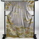 訪問着 身丈170cm 裄丈65.5cm M 袷 菊 松 金糸 金彩 灰色 正絹 秀品 【中古】