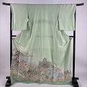 色留袖 身丈171cm 裄丈68cm L 袷 風景 建物 金糸 ぼかし 薄緑 正絹 秀品 【中古】