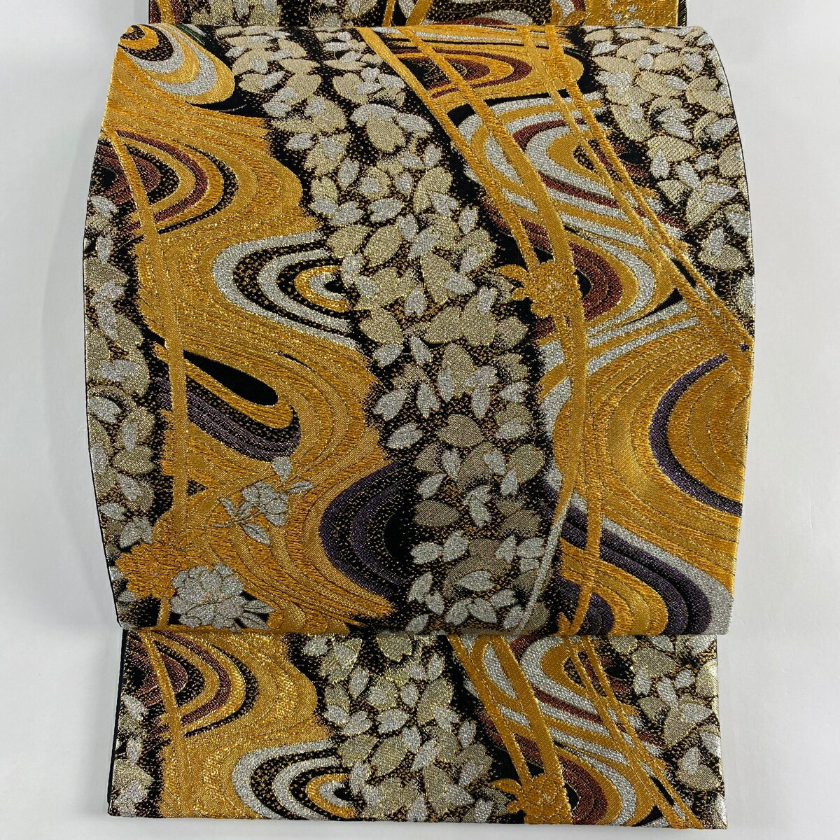 袋帯 秀品 花びら 流水 金糸 箔 黒 六通 正絹 【中古】