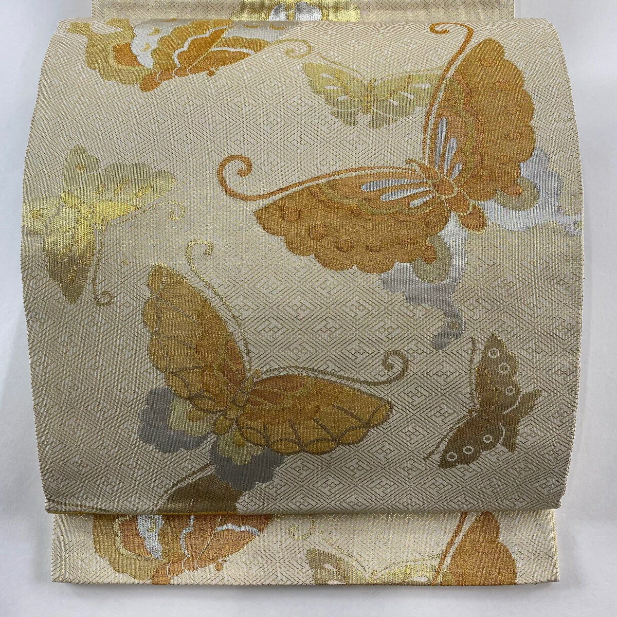 袋帯 美品 秀品 蝶 金銀糸 箔 ベージュ 六通 正絹 【中古】