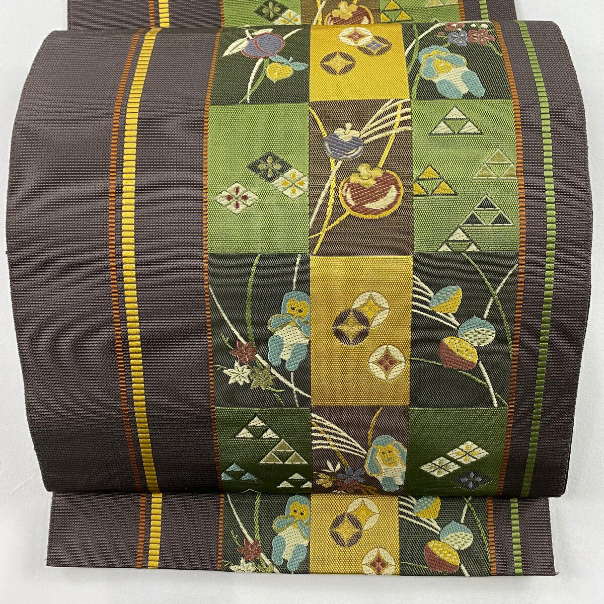 名古屋帯 美品 名品 三猿 生り物 金糸 茶紫 正絹 【中古】